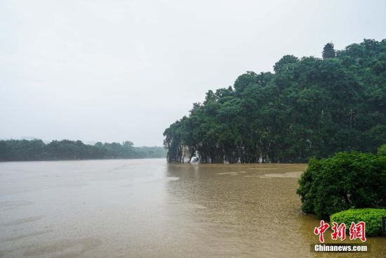 图为洪水中的桂林城徽象鼻山。　