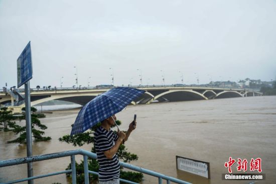 图为一民众在桂林解放桥滨江路拍摄洪水。