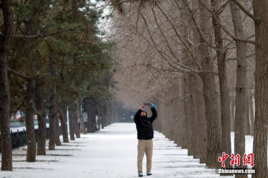 1月20日，北京迎今年首场降雪，市民拍摄雪景。中新社记者