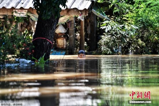 当地时间9月29日，台风“电母”引发的强降雨在泰国多地形成内涝，当地居民只能借助船只在街道中通行。图为一名孩童在积水中游泳。